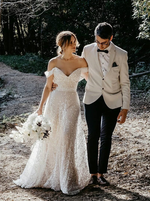 Off Shoulder Lace Appliqued Tulle A-line Long Cheap Wedding Dresses, WDS0061