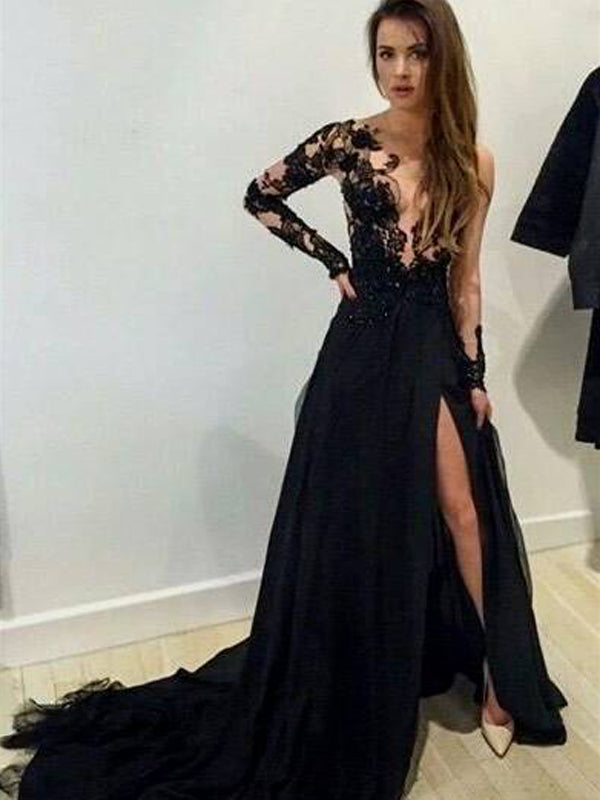 Long Sleeves Black Lace Chiffon Floor Length Party Dress ,Custom Dress, Party Cocktail Dress ,PDY0303