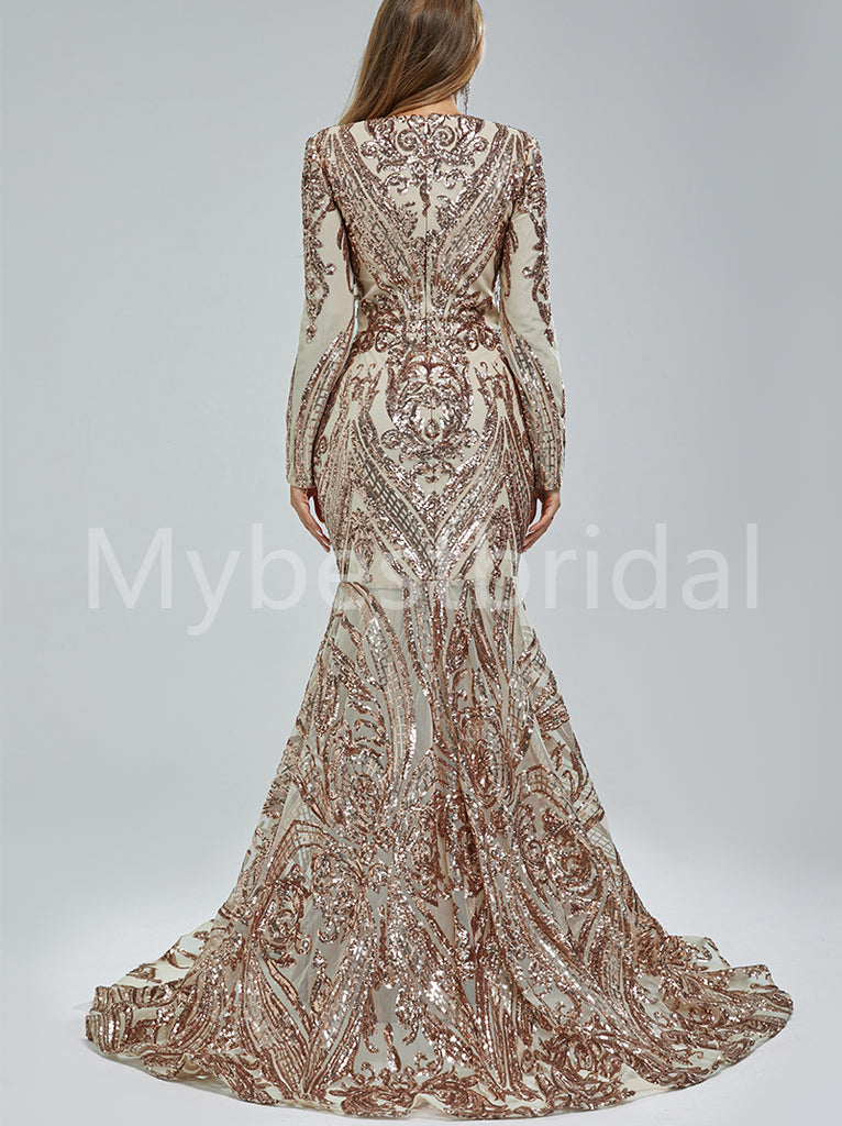 Elegant V-neck Long sleeves Mermaid Prom Dresses, PDS0509