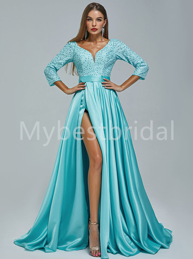 Sexy V-neck Long sleeves Side slit A-line Prom Dresses,PDS0518