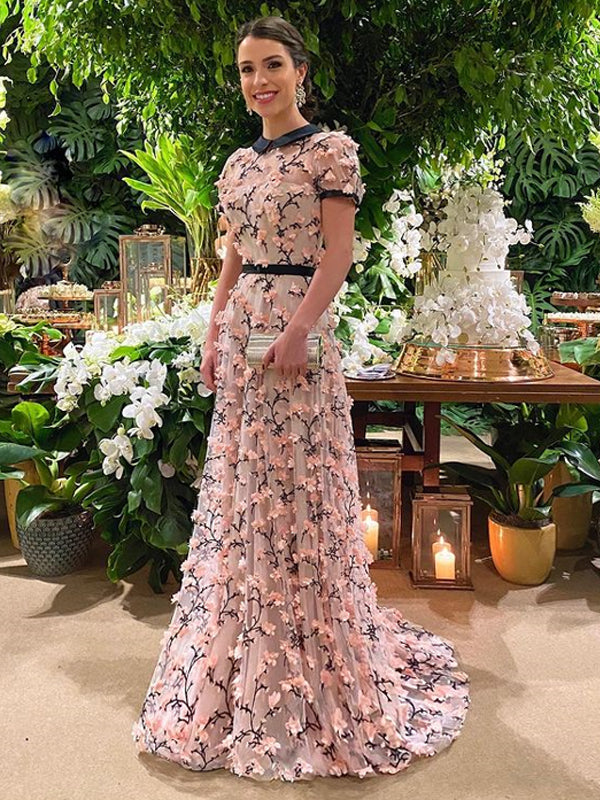 Pretty Cap Sleeve Lace Appliques A-line Tulle Charming Prom Dresses, WGY0322