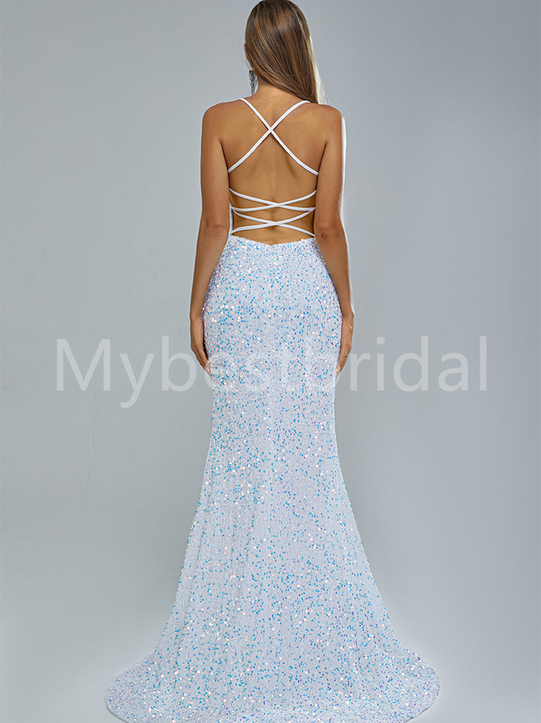 Sexy Square Spaghetti straps Side slit Mermaid Prom Dresses, PDS0507
