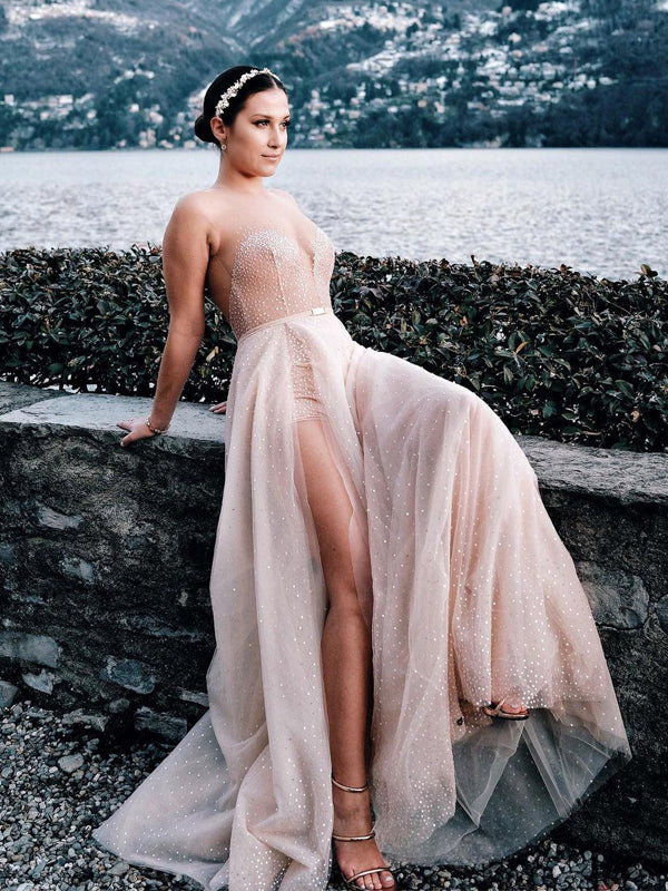 Vintage Sweetheart A-line Sparkly Tulle Side Slit Wedding Dresses, WDY0277
