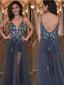 Gorgeous A-line Straps V-neck Backless Grey Long Tulle Prom Dress,Evening Party Dress ,PDY0377