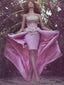 Strapless Unique Design Gold Lace Pink Satin Long Prom Dresses, BG0133