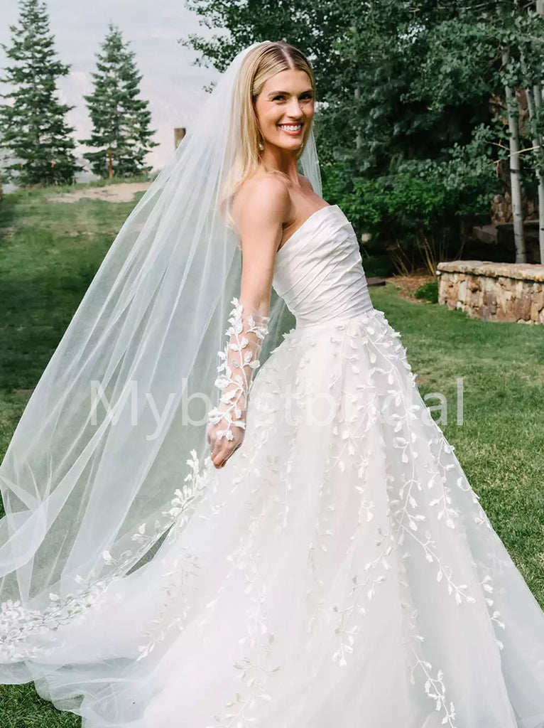 Elegant Strapless A-line Lace applique Wedding Dresses, WDY0259