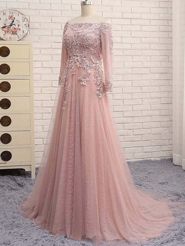 Off Shoulder Long Sleeve Lace Beaded Long A-line Open Back Prom Wedding Dresses, BG0153