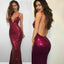 Spaghetti V-neck Backless Sequin Long Mermaid Prom Dresses, BG0334