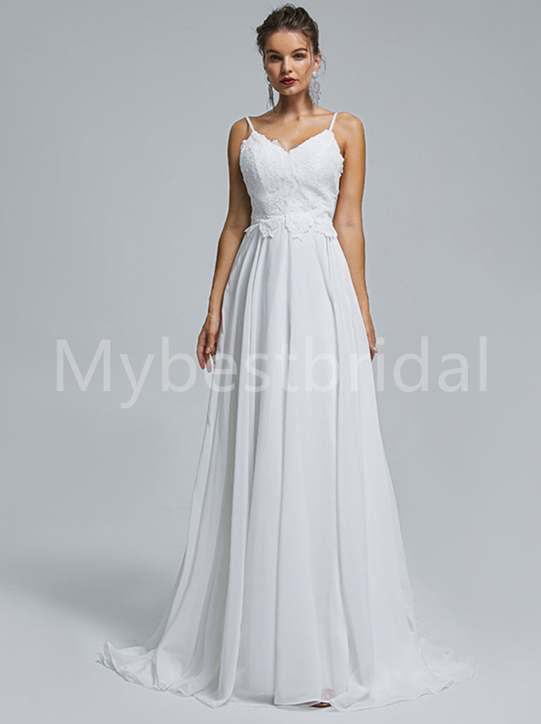 Elegant Spaghetti straps V-neck A-line Lace applique Wedding Dresses, WDY0268