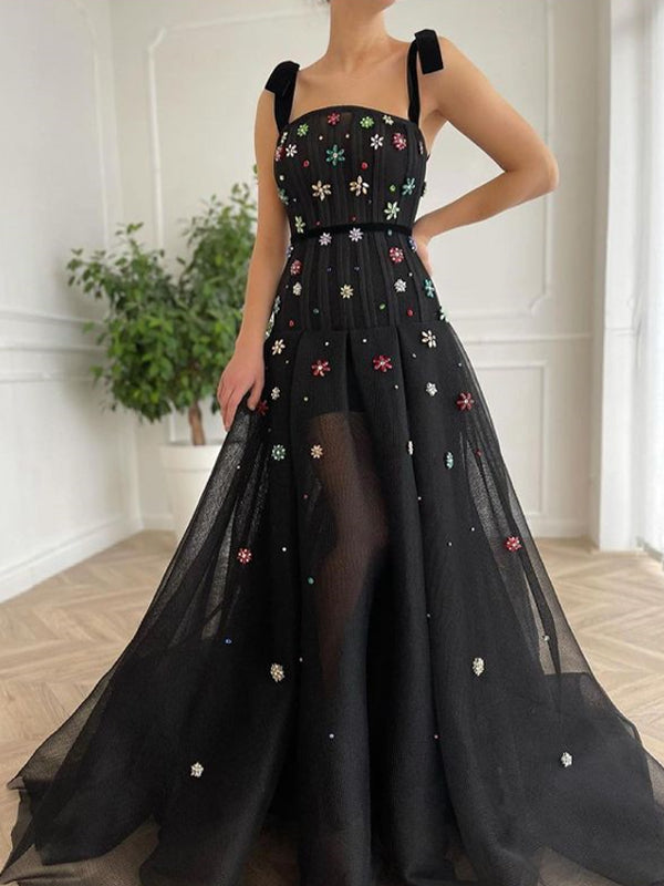 Newest Spaghetti Strap A-line Black Simple Long Prom Dresses, PDS0192
