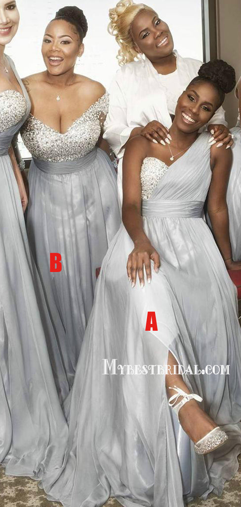 A-Line One Shoulder Grey Chiffon Sequins Split Bridesmaid Dresses,Wedding Party Dresses,WGY0182