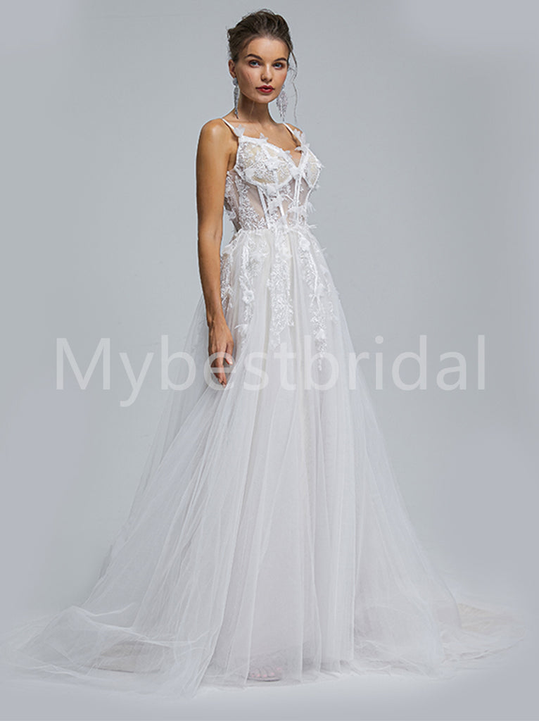 Elegant Spaghetti straps V-neck A-line Lace applique Wedding Dresses, WDY0267