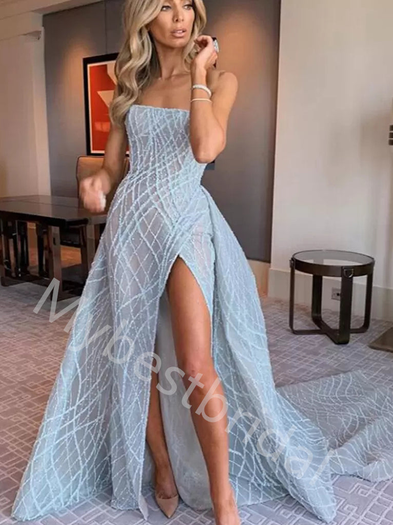Sexy Strapless Sleeveless Side slit A-line Prom Dresses,PDS1021