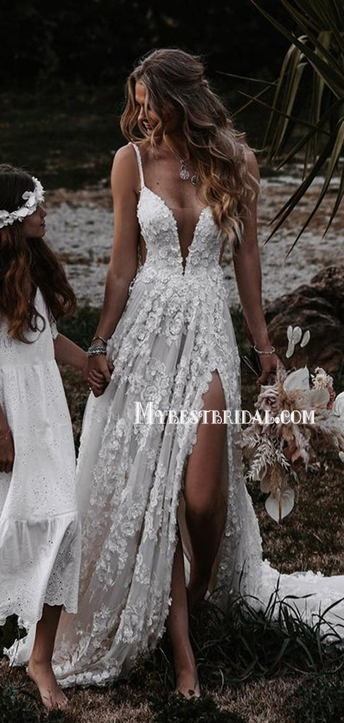 Popular V-ncek Side Slit Open Back Mermaid Simple Wedding Dresses. WDS0099
