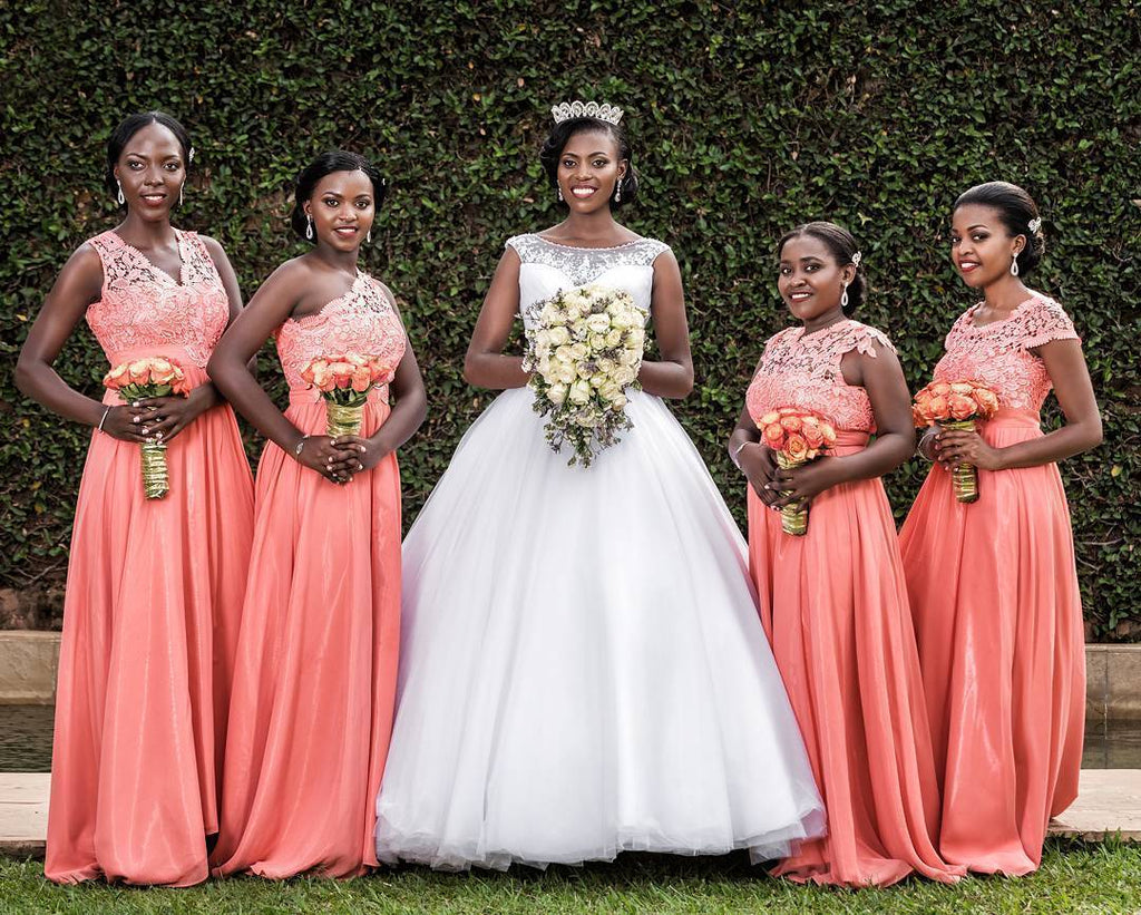Peach Mismatched Lace Bodice Long Chiffon Cheap Bridesmaid Dresses Online, WGY0315