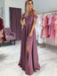A-Line Spaghetti Straps Purple Satin Long Prom Dress With Split,Cheap Prom Dresses,PDY0533