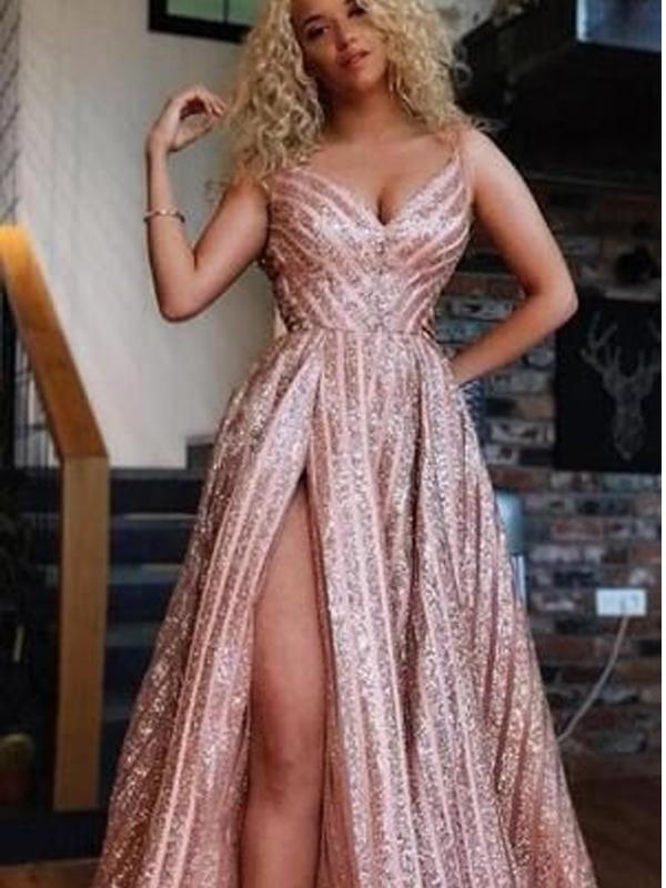 Spaghetti Strap A-Line Side Slit Long Prom Dresses,Cheap Prom Dresses,PDY0521