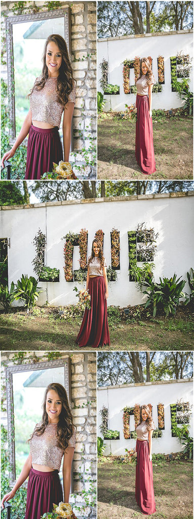 High Neck Two Piece Sequin Burgundy Bridesmaid Dress,Cheap Bridesmaid Dresses,WGY0204