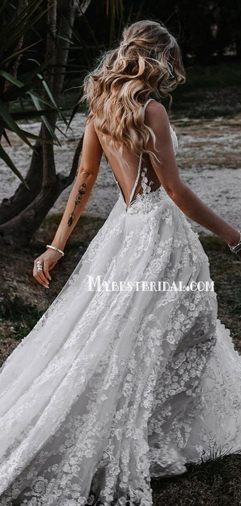 Popular V-ncek Side Slit Open Back Mermaid Simple Wedding Dresses. WDS0099