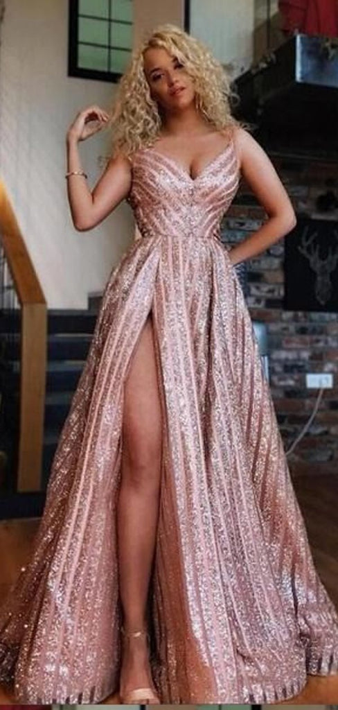 Spaghetti Strap A-Line Side Slit Long Prom Dresses,Cheap Prom Dresses,PDY0521
