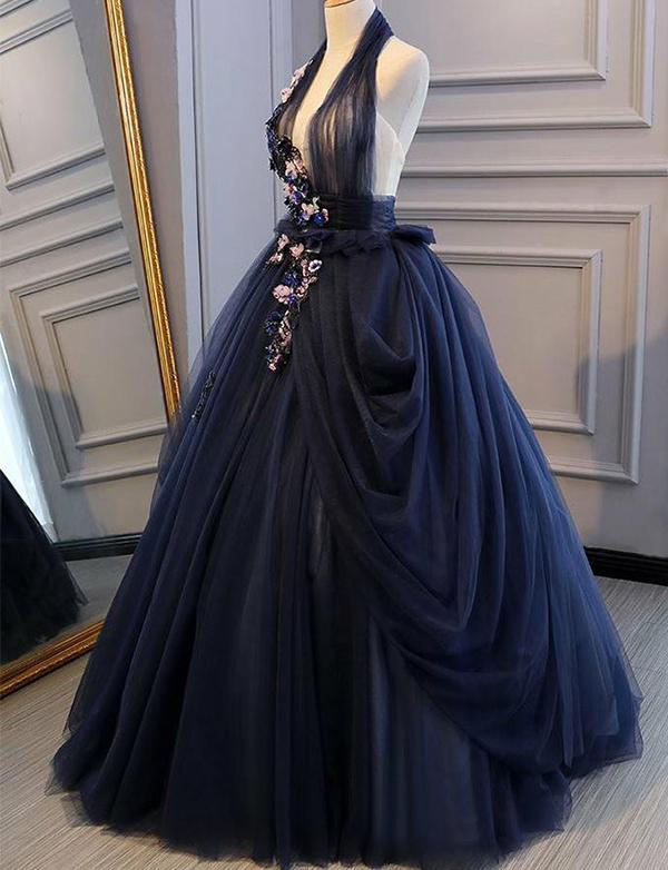 Navy Blue Halter Appliques Backless Prom Dresses,Cheap Prom Dresses,PDY0641