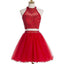 Blush red two pieces halter off shoulder cute freshman homecoming prom dress,BDY0127