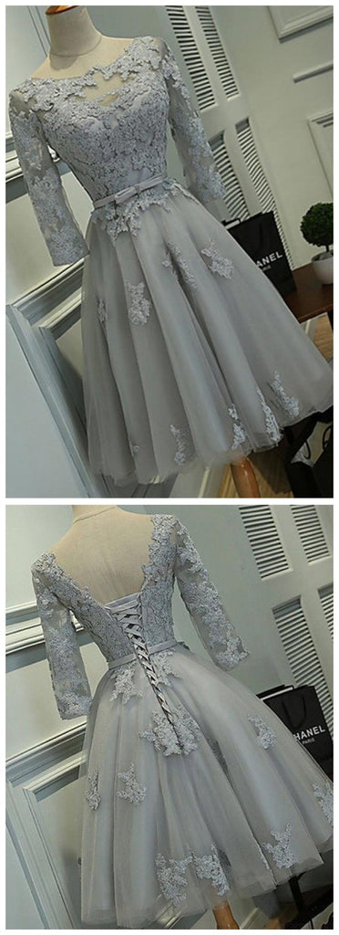 Long Sleeves Grey Lace Short Cheap Homecoming Dresses Online, BDY0282