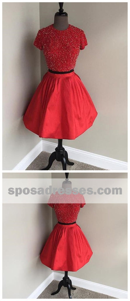 Two Pieces Short Sleeves High Neck Short Red Homecoming Dresses 2018, BDY0323