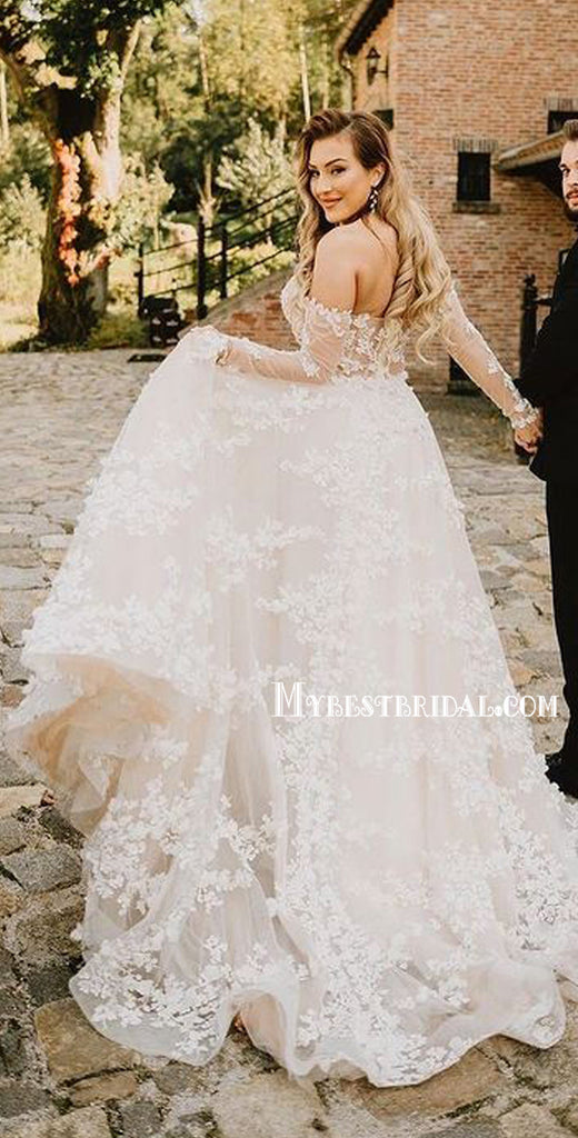 Long Sleeves Lace Sweetheart A-line Beach Wedding Dresses Online,WDY0249