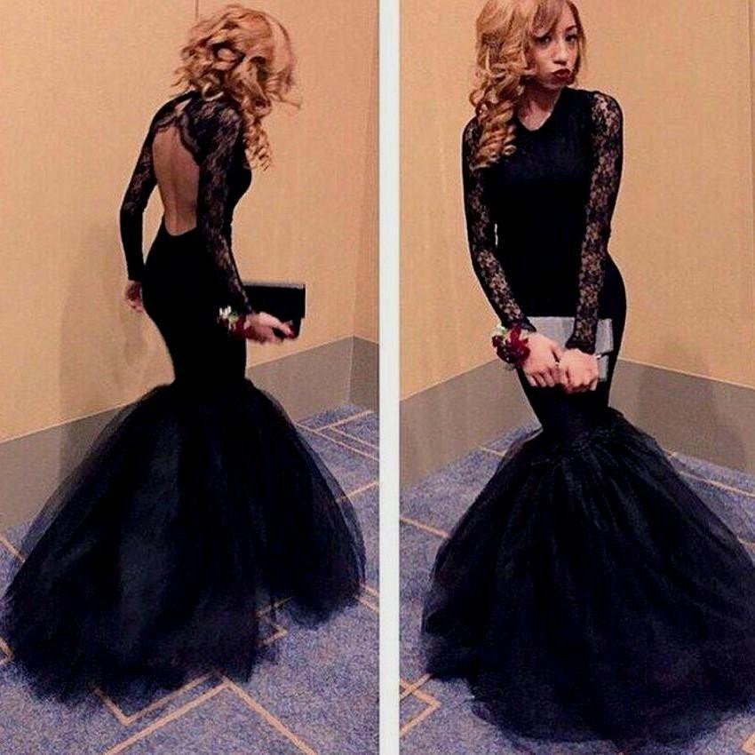 Round Neck Open Back Black Lace Long Sleeve Mermaid Tulle Prom Dresses, BG0212