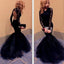 Round Neck Open Back Black Lace Long Sleeve Mermaid Tulle Prom Dresses, BG0212