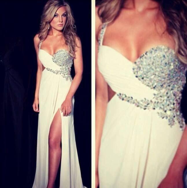 One Shoulder Sweetheart Rhinestone White Jersey Sexy Side Slit Prom Dresses, BG0214
