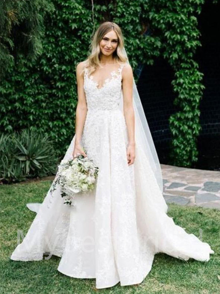 Sexy V-neck Spaghetti straps A-line Lace applique Wedding Dresses,WDY0312