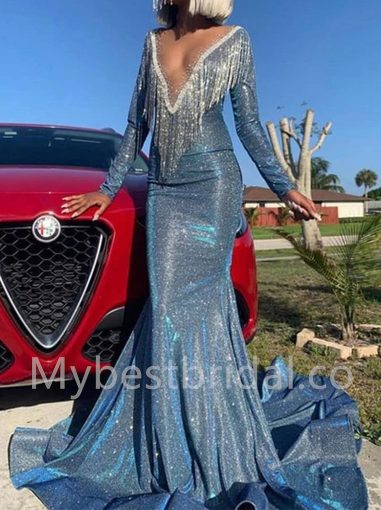 Sexy Deep V-neck Long sleeves Mermaid Prom Dresses, PDS0543