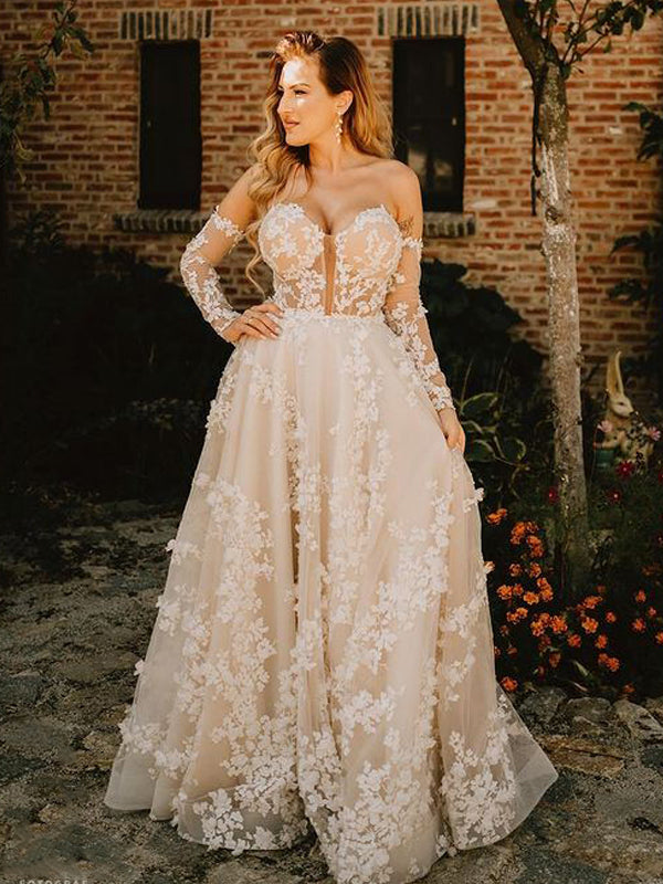 Long Sleeves Lace Sweetheart A-line Beach Wedding Dresses Online,WDY0249