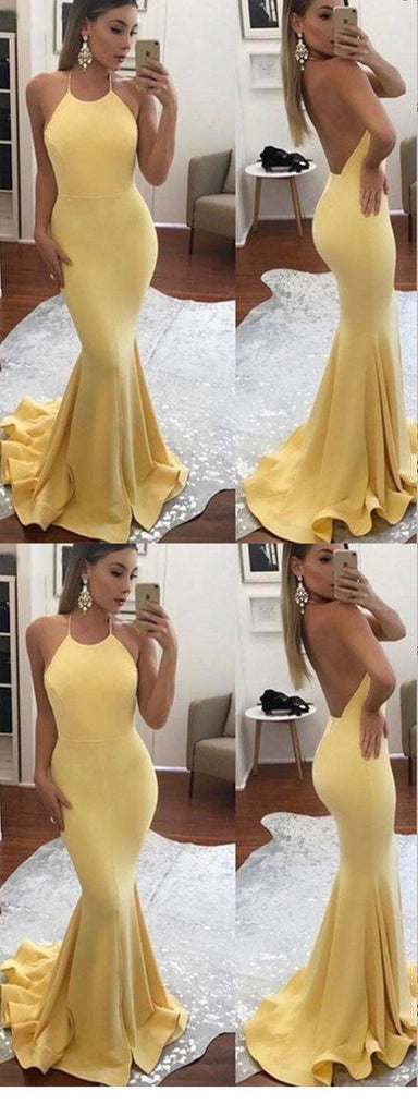 Mermaid Halter Sleeveless Backless Yellow Satin Prom Dress,Cheap Prom Dress,PDY0395