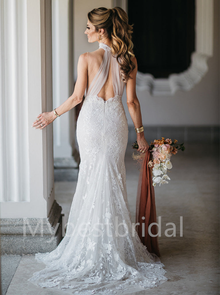 Simple Halter Mermaid Lace applique Wedding Dresses, WDY0241