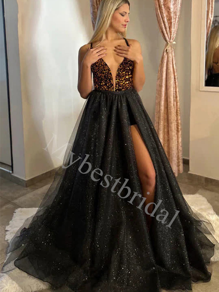 Sexy V-neck Spaghetti straps Side slit A-line Prom Dresses,PDS0784