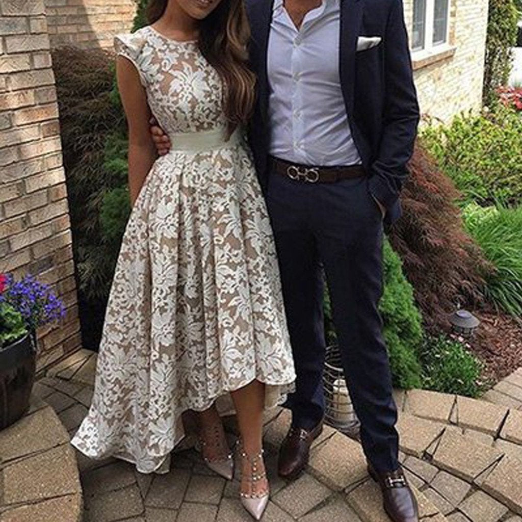 Round Neck Hi-low white lace Elegant Prom Bridesmaid Dresses, BG0224