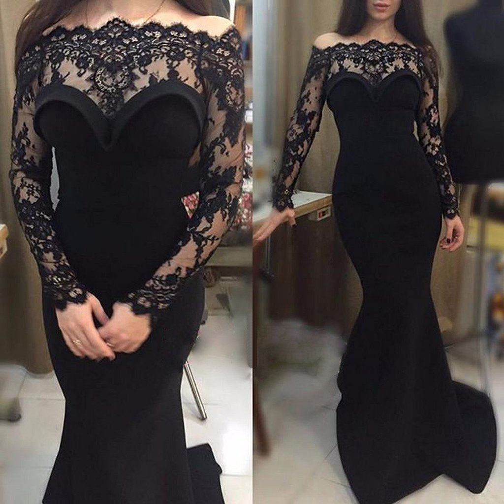 Sexy Gorgeous Off Shoulder Long Sleeve Black Lace Mermaid Long Prom Dresses, BG0227
