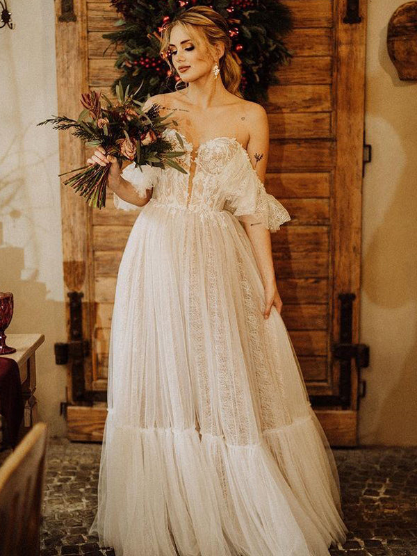 Lace Off-shoulder Simple Cheap Beach Wedding Dresses Online, WDY0248