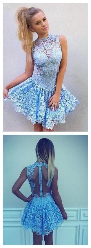 High Neck Blue Lace Illusion Short Cheap Homecoming Dresses Online, BDY0281
