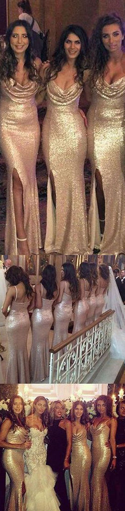 Sexy Seqin Mermaid Side Split Sparkly Women Cheap Long Wedding Party Bridesmaid Dresses, WGY0272