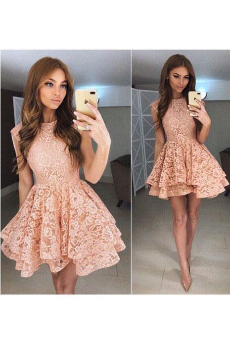High Neck Peach Lace Cute Short Homecoming Dresses 2018, BDY0284