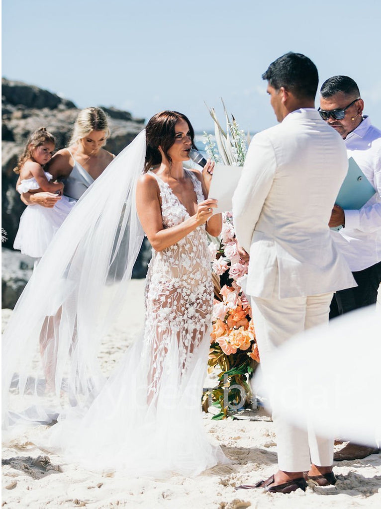 Sexy V-neck Mermaid Lace applique Wedding Dresses, WDY0243