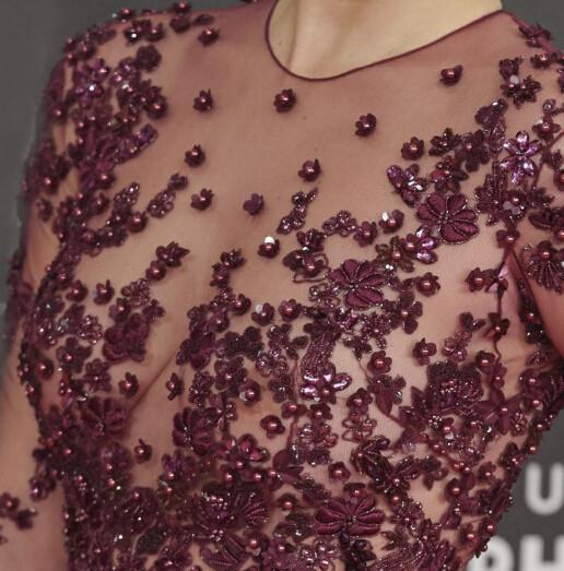 Red Carpet Inspired Plum See Through Beaded Sexy Long Sleeve A-line Satin Prom Dresses, BG0235