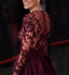 Red Carpet Inspired Plum See Through Beaded Sexy Long Sleeve A-line Satin Prom Dresses, BG0235
