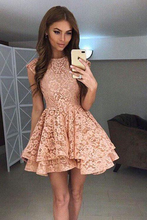High Neck Peach Lace Cute Short Homecoming Dresses 2018, BDY0284