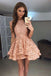 High Neck Peach Lace Cute Short Homecoming Dresses 2018, BDY0284