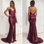 Sexy Spaghetti V-neck Maroon Sequin Front Slit Long Mermaid Prom Dresses, BG0248
